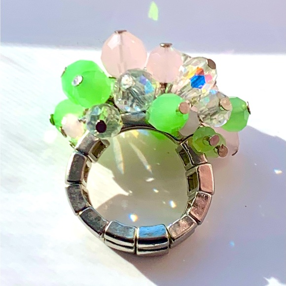 🌳 Genuine Crystal Green Pink & Clear Stretch Ring Silver Tone by Cookie Lee - Picture 3 of 9